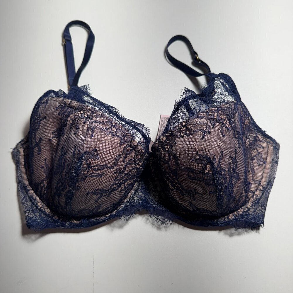 Victoria Secret Navy Blue Lace Bra 399517 34DD #3624
